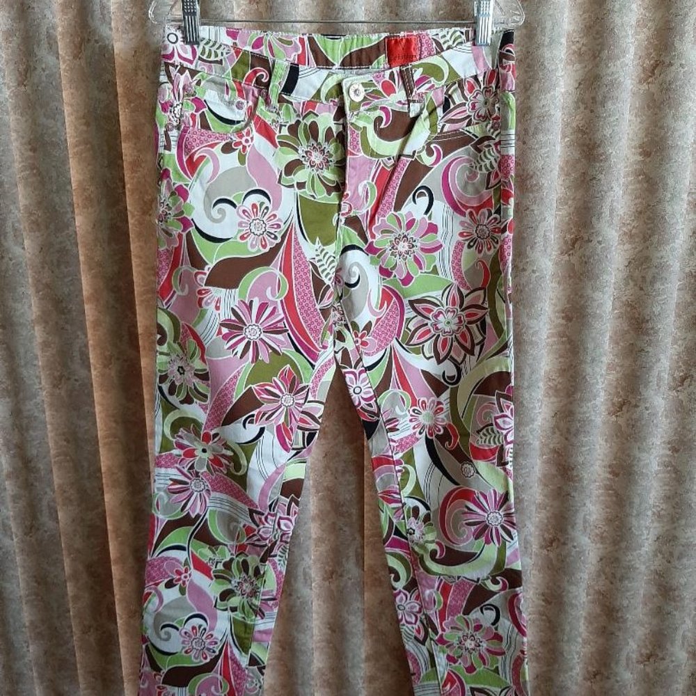 Pink, green, brown floral print jeans size 8